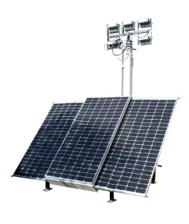 Muestra torre de iluminación solar vista frontal con paneles desplegados